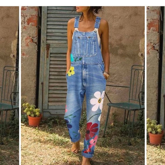Miss Look Painted Flowers Denim Boho Overalls Size Medium - Picture 1 of 14